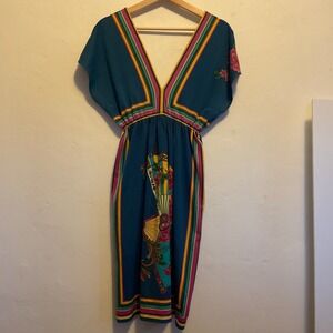 Flying Tomato Dress Deep v Neck Bold Print Floral Fans Blue Large Boho Chic